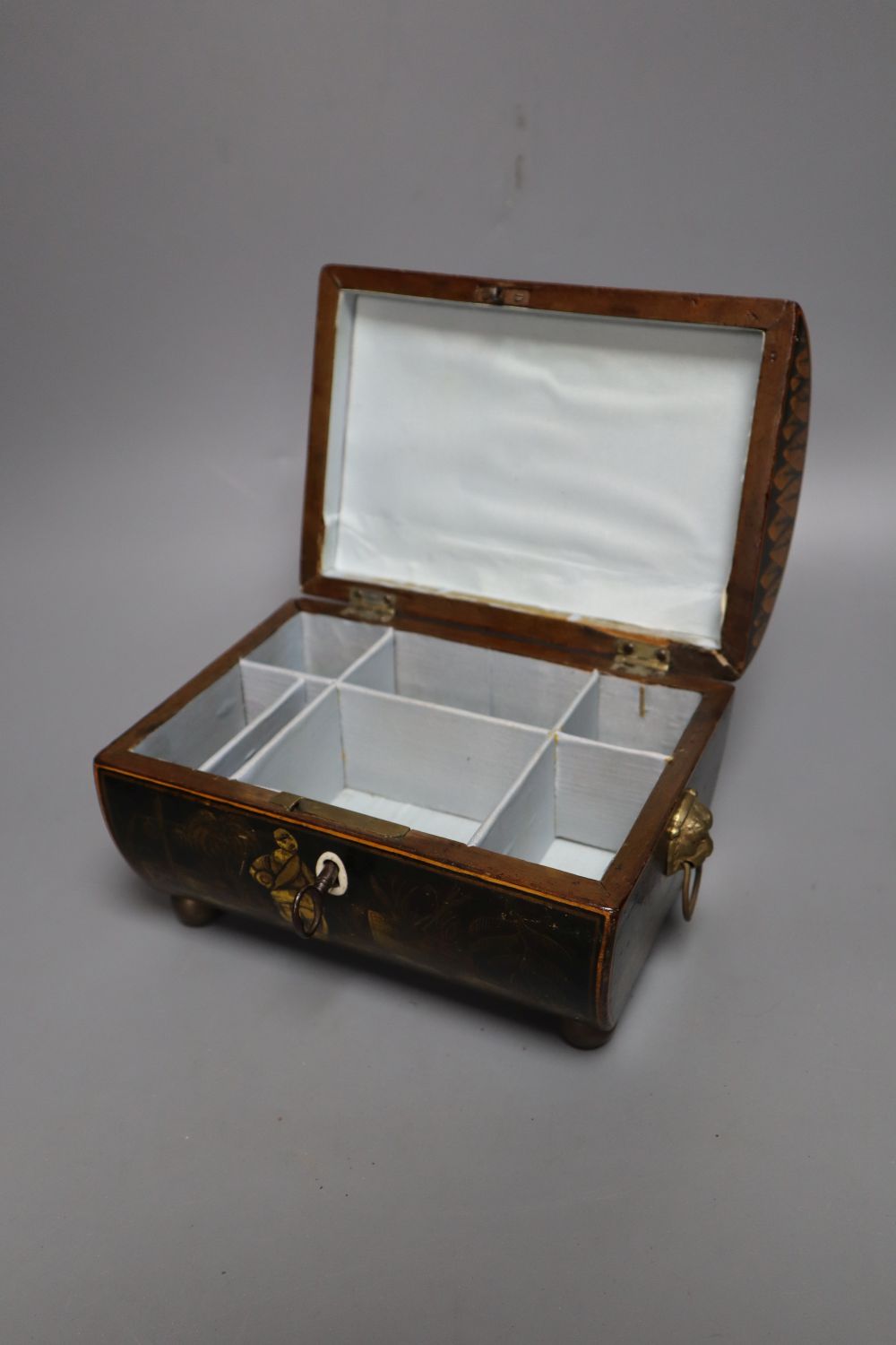 A Regency pen work and chinoiserie sewing box, with lion-mask ring handles, 18cm